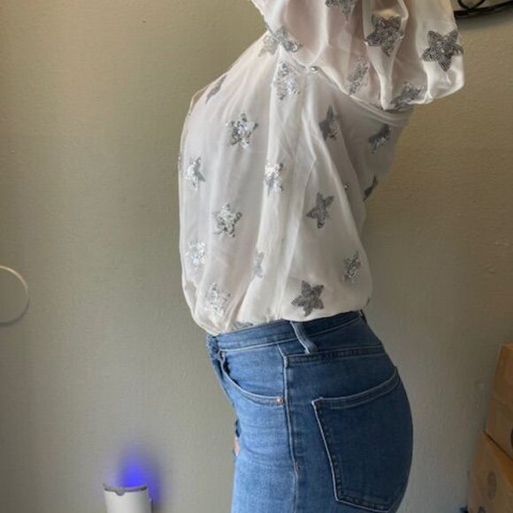 BuddyLove Womens Sequin Star Top White Puffy Long Sleeve Fashion Elegant outfit - Picture 10 of 16